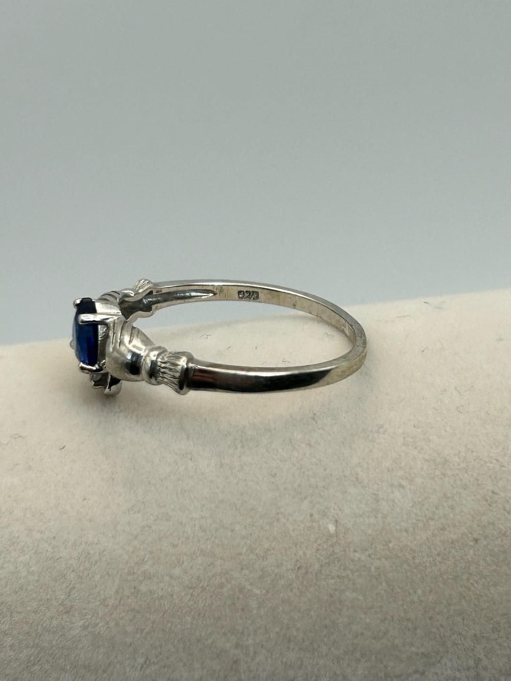 Sterling Silver Claddagh Ring Heart-Shaped Blue Stone Stamped 925 Size 10 - Picture 8 of 12